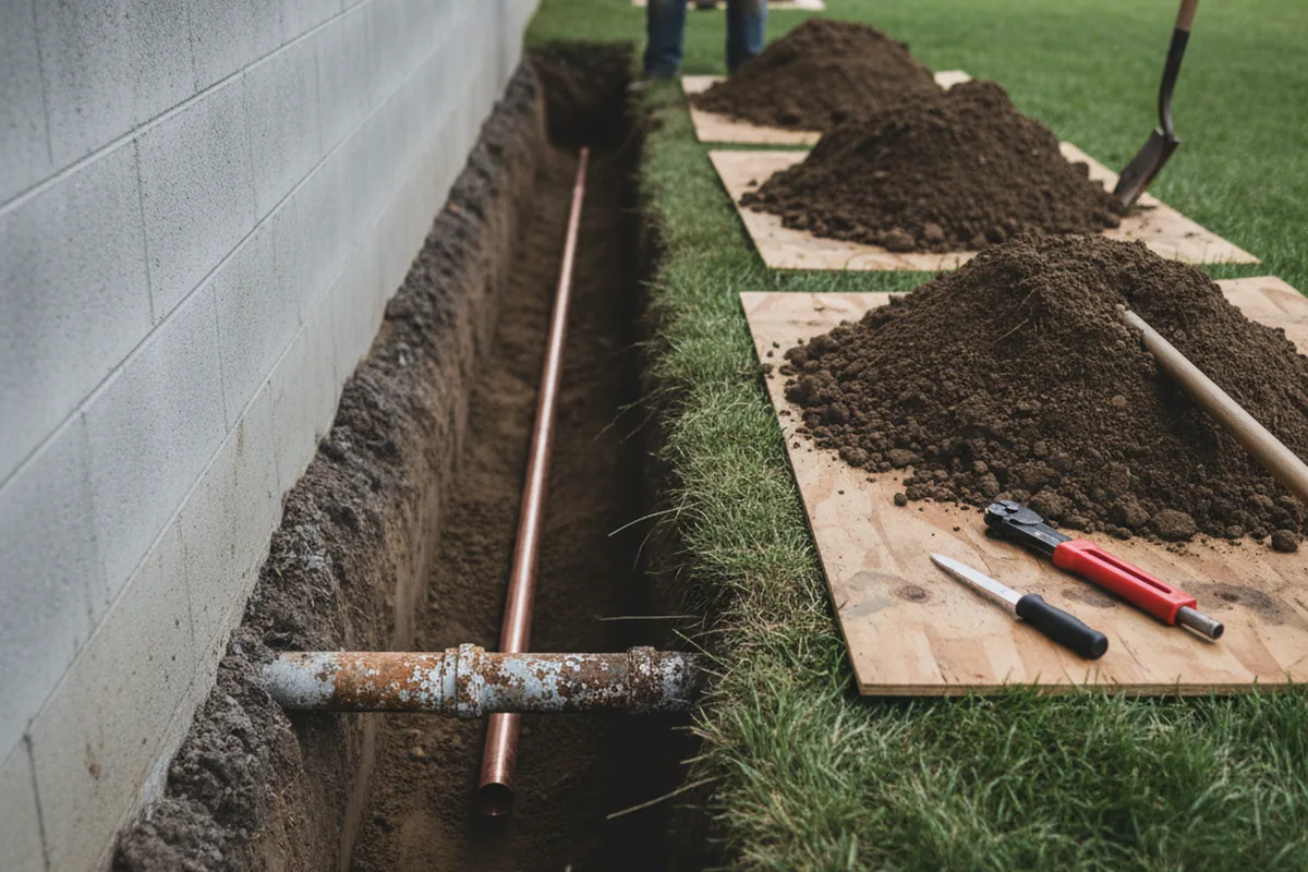 Excavated water line trench during Water Heater Repair in Rising Sun